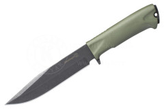 Нож Милитари AUS-8, (клинок-стоунвош черный, рукоять-эластрон (хаки), ножны-нейлон/плс (014306) (ПП)